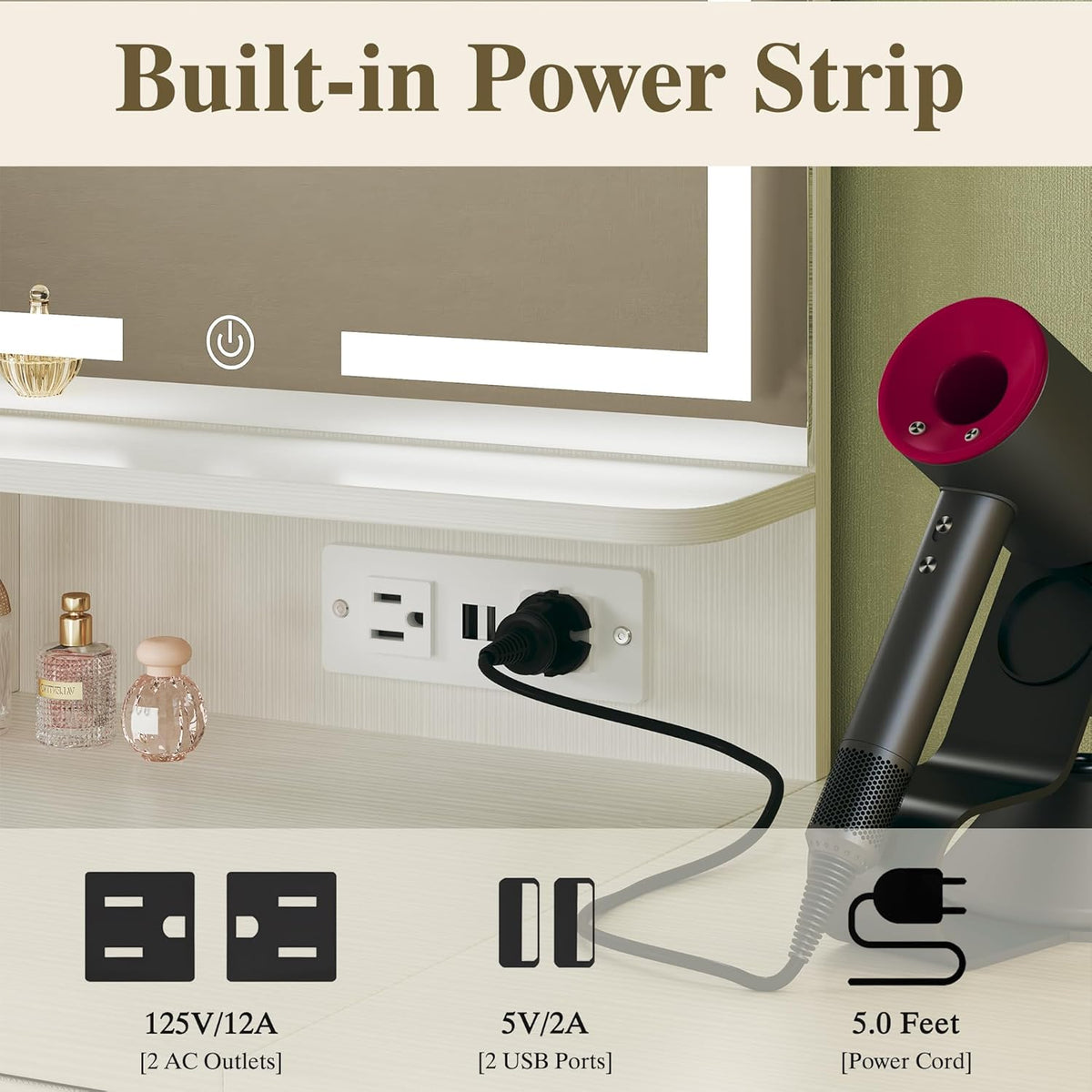 Small Vanity Desk with Mirror and Lights, Makeup Vanity with Fabric Storage Drawer & Chair & Shelves, White Vanity with Fold-up Panel and Power Outlet, Bedroom