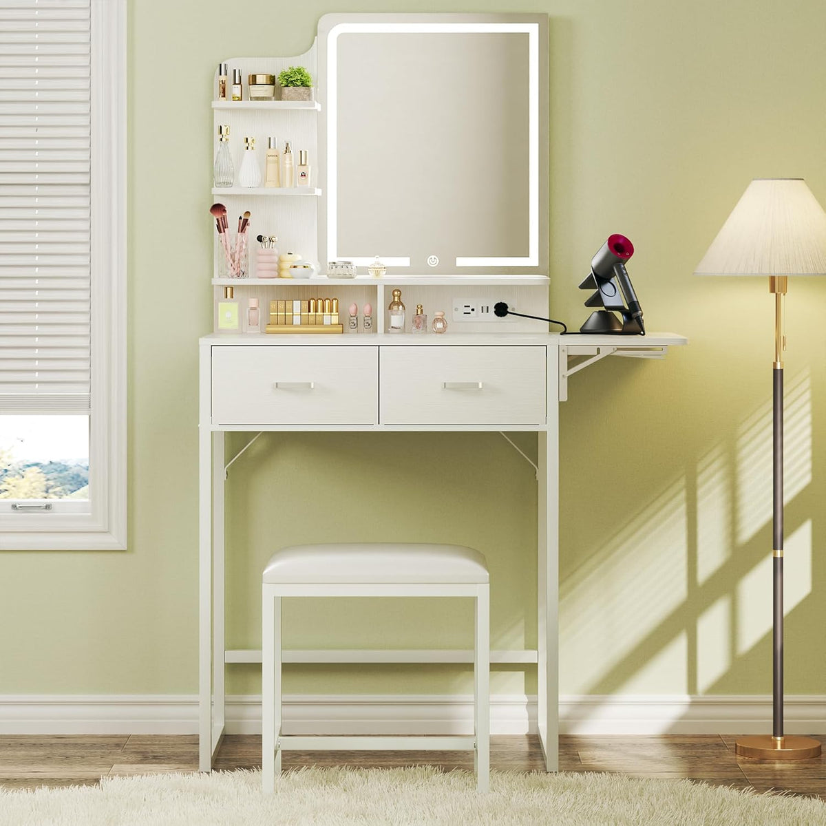 Small Vanity Desk with Mirror and Lights, Makeup Vanity with Fabric Storage Drawer & Chair & Shelves, White Vanity with Fold-up Panel and Power Outlet, Bedroom