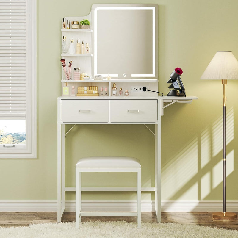 Small Vanity Desk with Mirror and Lights, Makeup Vanity with Fabric Storage Drawer & Chair & Shelves, White Vanity with Fold-up Panel and Power Outlet, Bedroom