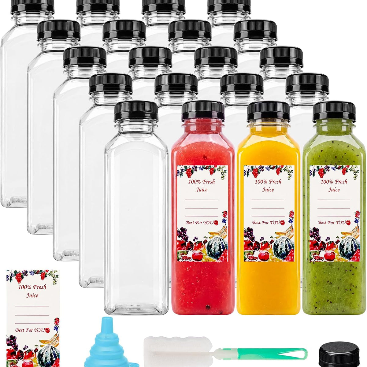 20pcs 16oz Juice Bottles, Plastic Juicing Bottles with Caps, Clear Drink Containers with Lids for Drinking, Smoothie and Other Beverages