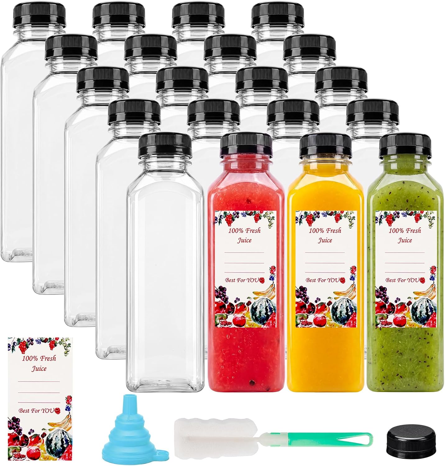 20pcs 16oz Juice Bottles, Plastic Juicing Bottles with Caps, Clear Drink Containers with Lids for Drinking, Smoothie and Other Beverages