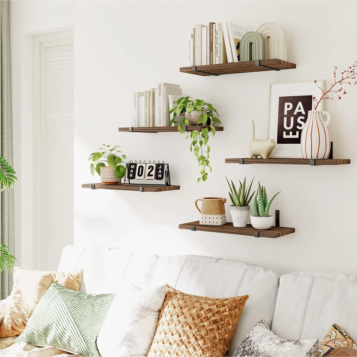 Fixwal Floating Shelves Set of 5, Width 4.7 Inches Wall Shelves, Rustic Wood Wall Storage Shelves for Bedroom, Living Room, Kitchen, Bathroom, Home Decor, Office and Plants (Dark Carbonized Black)