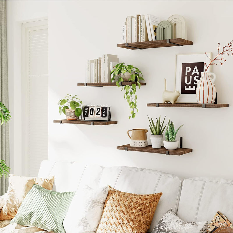 Fixwal Floating Shelves Set of 5, Width 4.7 Inches Wall Shelves, Rustic Wood Wall Storage Shelves for Bedroom, Living Room, Kitchen, Bathroom, Home Decor, Office and Plants (Dark Carbonized Black)