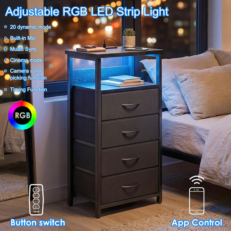 Fixwal Night Stand with 4 Fabric Storage Drawers, Tall Nightstand Bedside Table with Charging Station & Led Lights, Fabric Dresser for Bedroom, Black