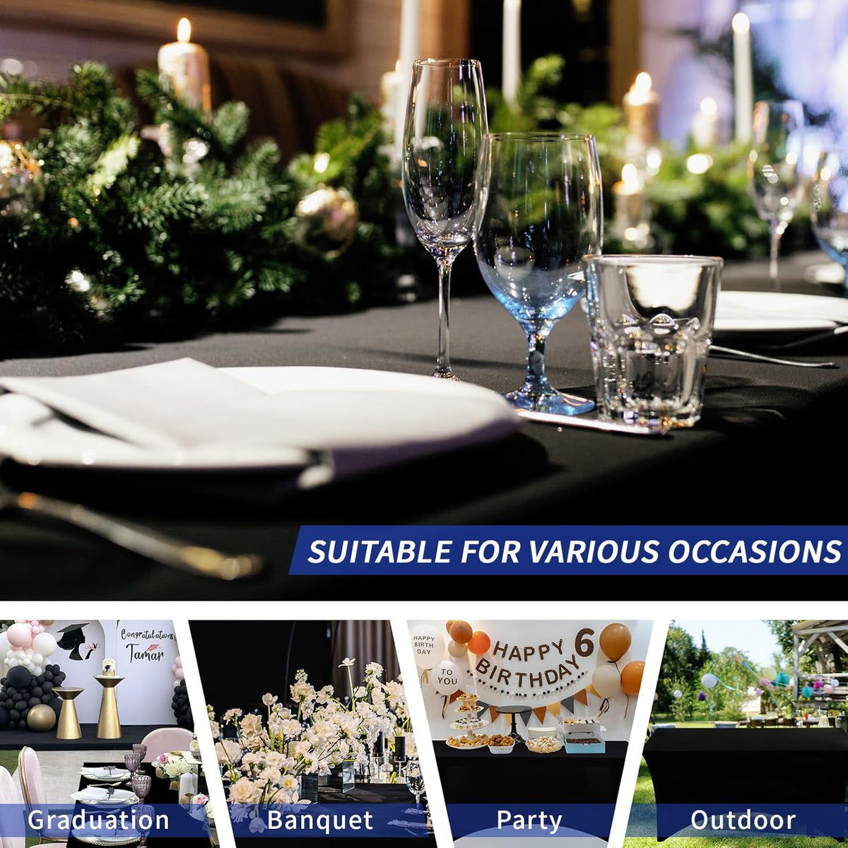 Fixwal 3 Pack Black Tablecloth Rectangle 8Ft, Stretch Spandex Fitted Table Cover for Party, Trade Show, Wedding, Buffet, Graduation, Vendor Stand
