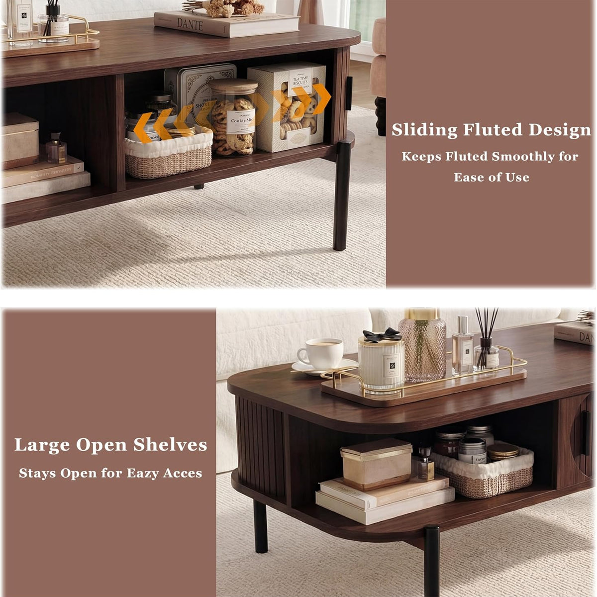 Coffee Table, 39.4" Fluted Coffee Table for Living Room, Mid Century Modern Table with Sliding Cabinet Door 2-Tier Rustic Wood Desktop with Storage Open Shelf, Walnut