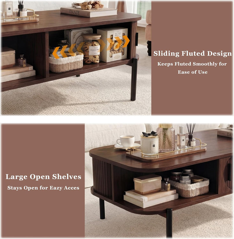 Coffee Table, 39.4" Fluted Coffee Table for Living Room, Mid Century Modern Table with Sliding Cabinet Door 2-Tier Rustic Wood Desktop with Storage Open Shelf, Walnut