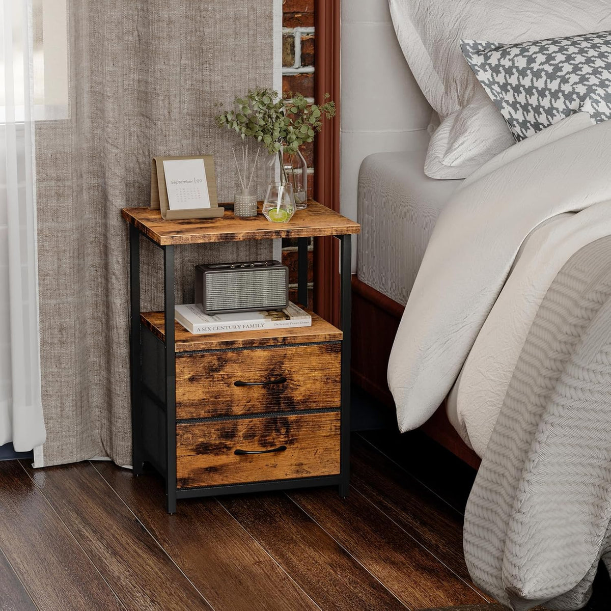Fixwal Rustic Brown Night Stand with Charger Station, Nightstand with Charging Station & Fabric Drawers