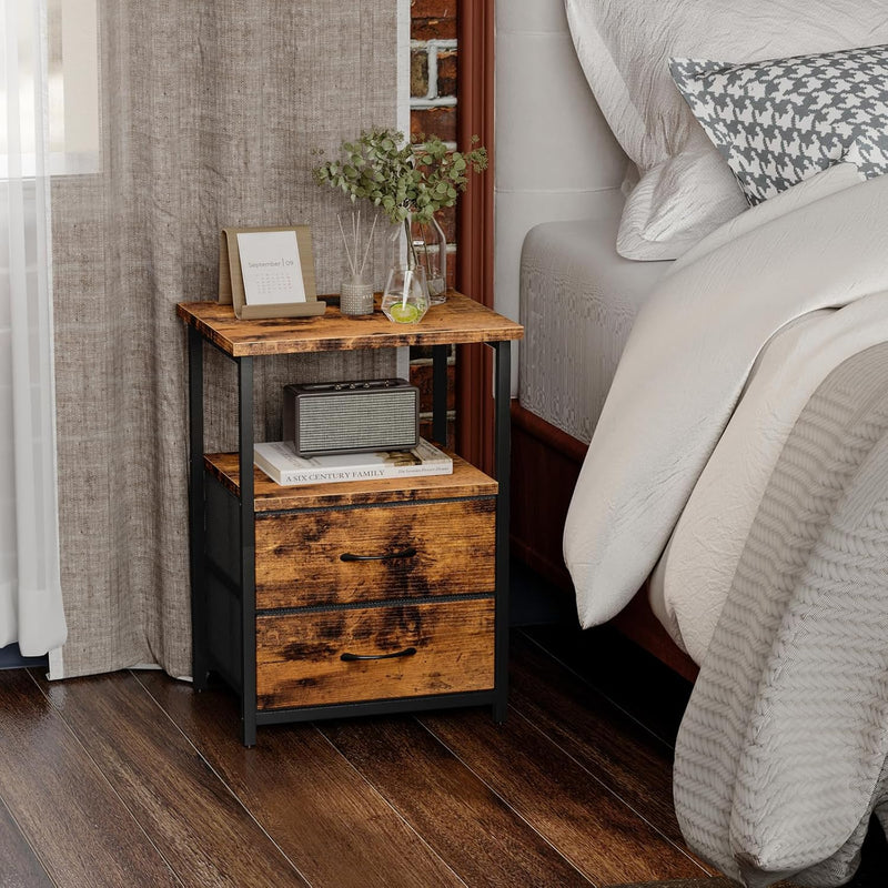 Fixwal Rustic Brown Night Stand with Charger Station, Nightstand with Charging Station & Fabric Drawers