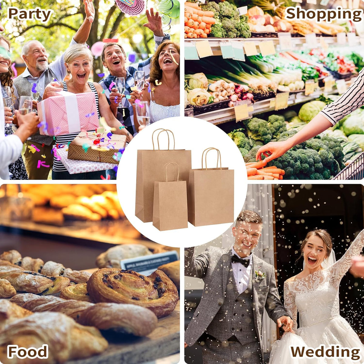 Moretoes 75pcs Paper Bags, (8-10-12inch) Assorted Sizes Brown Paper Bags with Handles for Small Business, Shopping, Retail, Party,