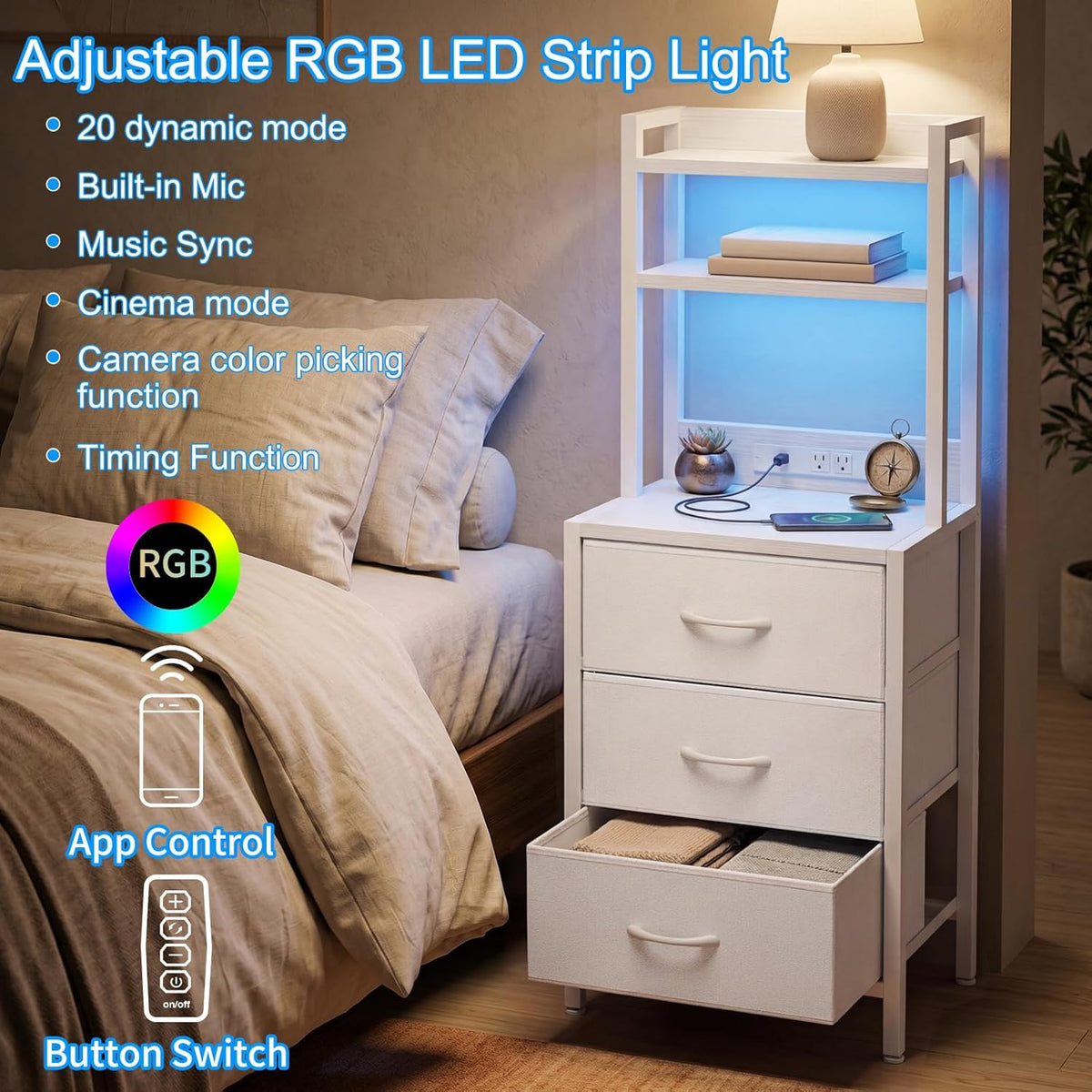 Fixwal Tall Nightstand with Charging Station, 41 Inch Led Night Stand with U-S-B Port & Socket, 3 PU Finished Fabric Storage Drawers, Office, Bed Side Table & Bookshelf in One, White