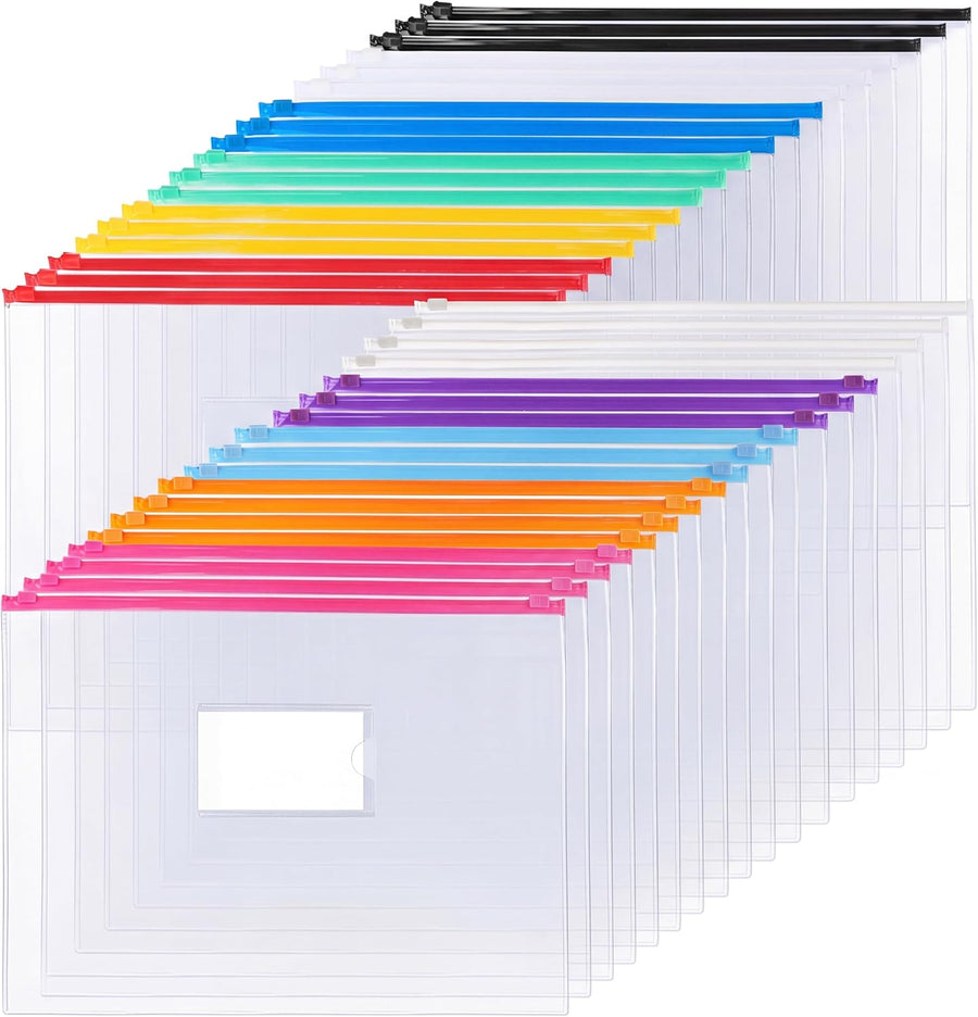 36pcs Plastic Envelopes Poly Zip Envelope Clear Zipper Pouches File Folders, A4, Letter Size, 11 Colors, for School and Office Supplies