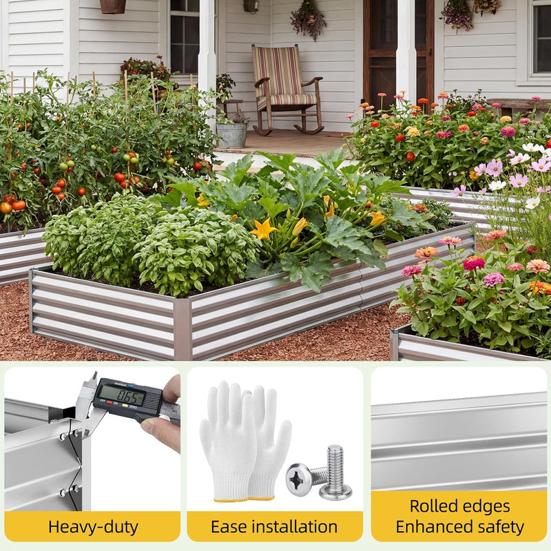 8x4x1ft Galvanized Raised Garden Beds, Thickened Metal Planter Box for Outdoor Vegetables & Flowers, Silver Large Garden Bed Kit, 96" L x 48" W x 12" H
