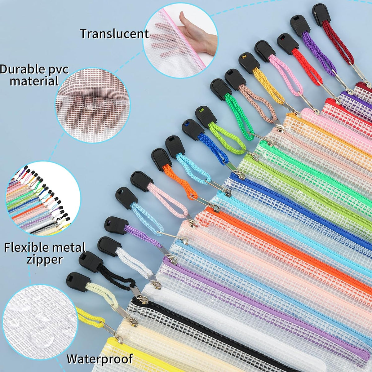 56pcs Mesh Zipper Pouch, Waterproof Zipper Bags, 8 Sizes Plastic Travel Pouch, 18 Colors, Multipurpose for Travel Storage, Office Appliances