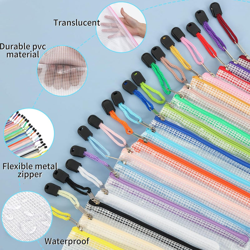 56pcs Mesh Zipper Pouch, Waterproof Zipper Bags, 8 Sizes Plastic Travel Pouch, 18 Colors, Multipurpose for Travel Storage, Office Appliances