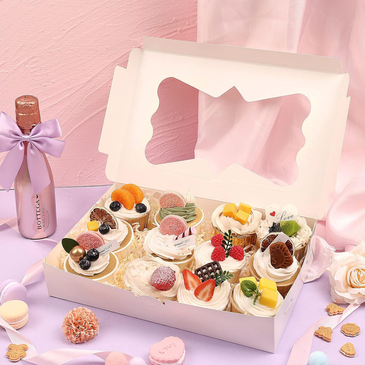 36pcs Bakery Boxes, 12x8x2.5 Inches Bakery Boxes with Window, Cookie Boxes Dessert Boxes with Window Pastry Boxes Cajas Para Postres for Chocolate Covered Strawberries, Cookies, Muffins, Donuts
