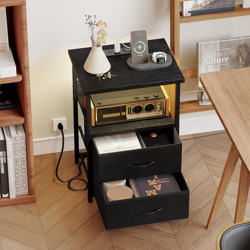 Nightstand Set of 2 Night Stand with Charging Station, LED Nightstand with Fabric Drawers, End Table with PU Finish, Bed Side Table, Black