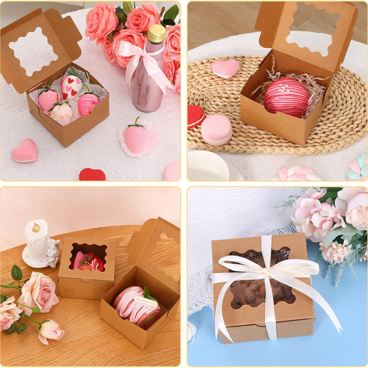 Moretoes 120pcs Cookie Boxes with Window, 4x4x2.5 Inches Brown Bakery Boxes Pastry Container Bulk for Small Cookies, Treats and Desserts
