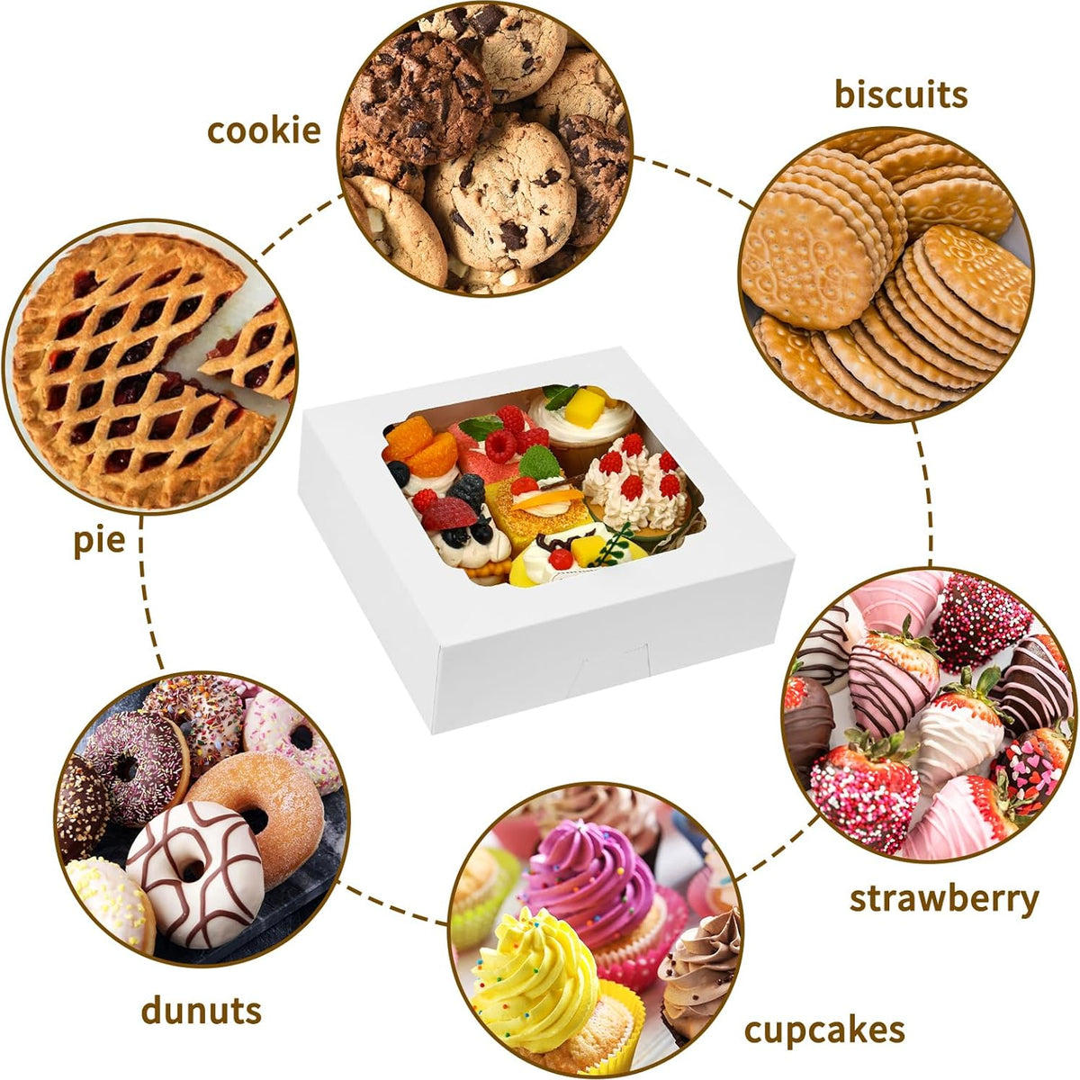 Moretoes 45pcs Bakery Boxes, 8x8x2.5 Inches Cookie Boxes with Window Treat Container for Pie, Strawberry Chocolate, Cakes, Pastries