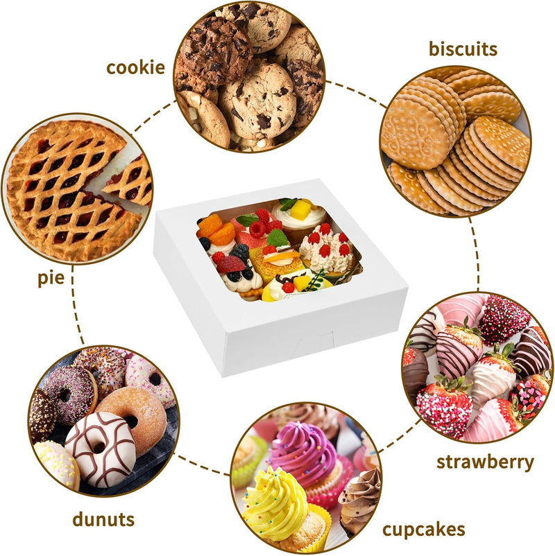 Moretoes 45pcs Bakery Boxes, 8x8x2.5 Inches Cookie Boxes with Window Treat Container for Pie, Strawberry Chocolate, Cakes, Pastries