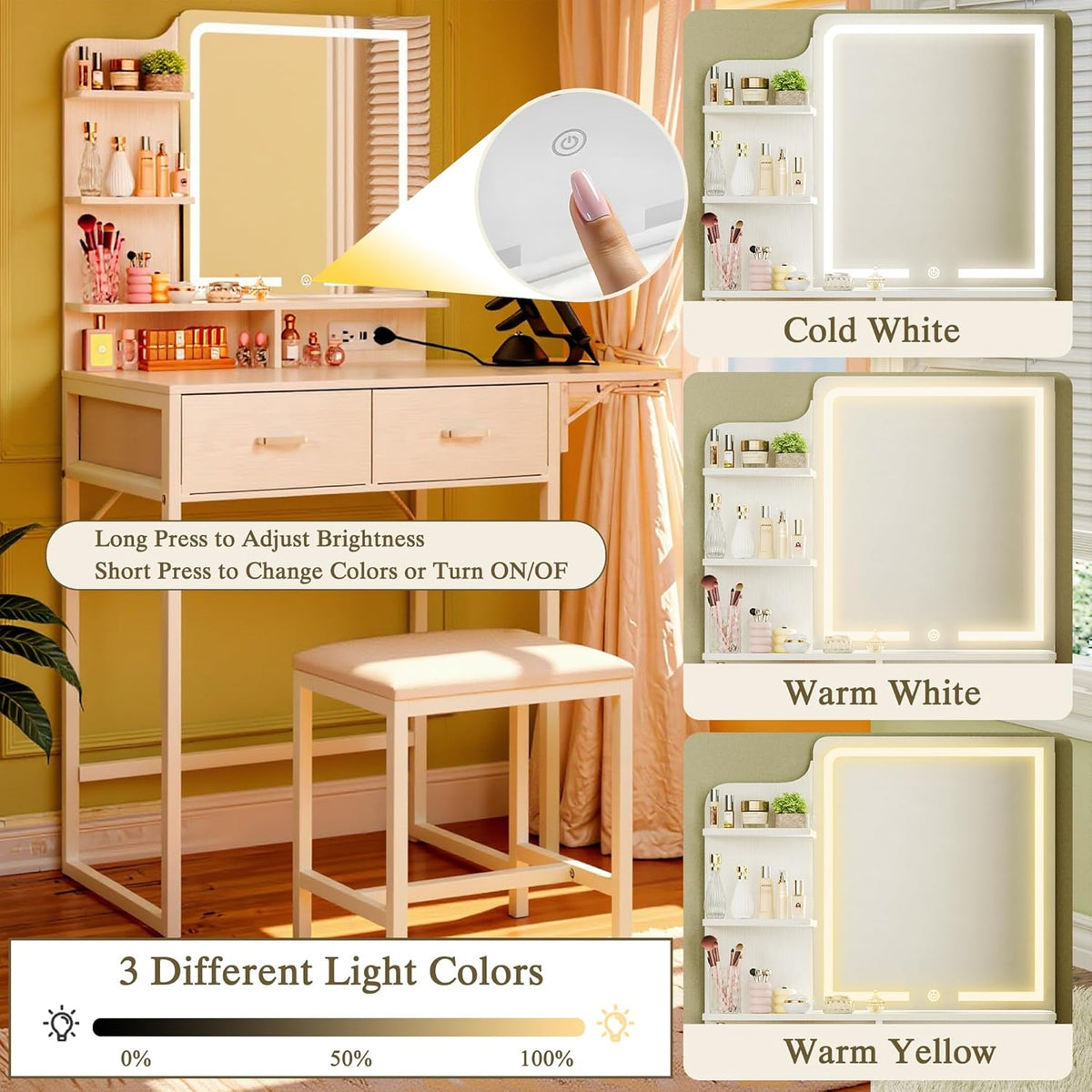 Small Vanity Desk with Mirror and Lights, Makeup Vanity with Fabric Storage Drawer & Chair & Shelves, White Vanity with Fold-up Panel and Power Outlet, Bedroom