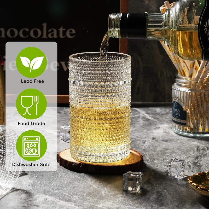 Moretoes Hobnail Drinking Glasses Set of 12,12 Oz Clear Highball Glasses Cups Vintage Kitchen Bar Tumbler Glassware Set for Whiskey, Beer, Juice, Milk and Various Mixed Drinks