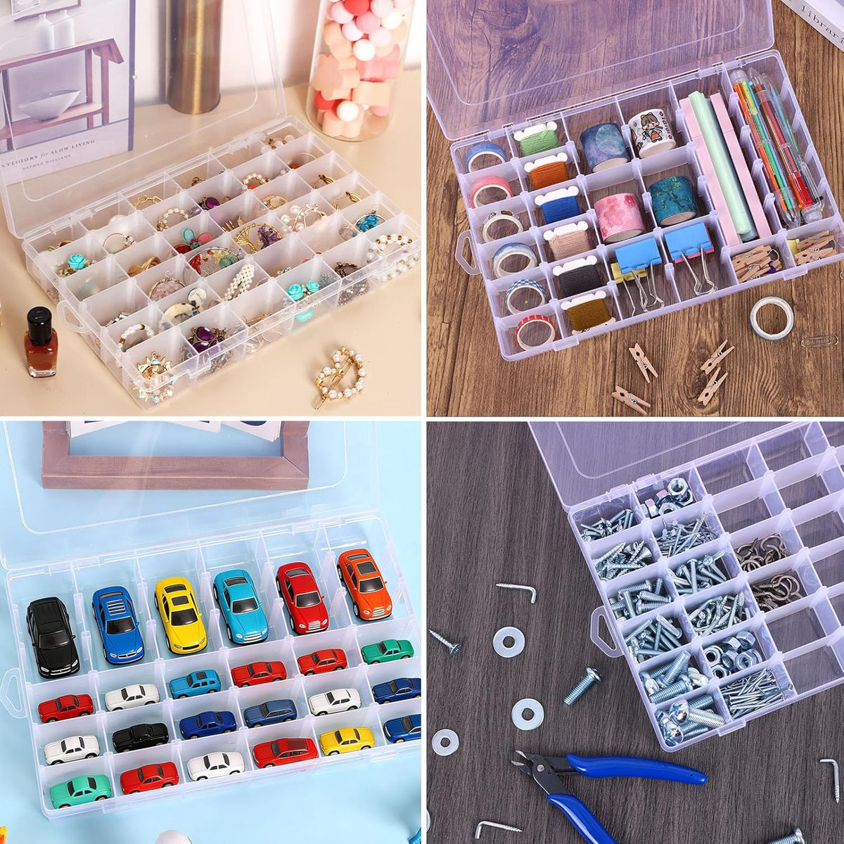 8 Pack 36 Grids Clear Plastic Storage Boxes with Adjustable Dividers, Beads Storage Containers, Jewelry and DIY Crafts Organization, Screw & Hardware Sorting with 10 Label Stickers