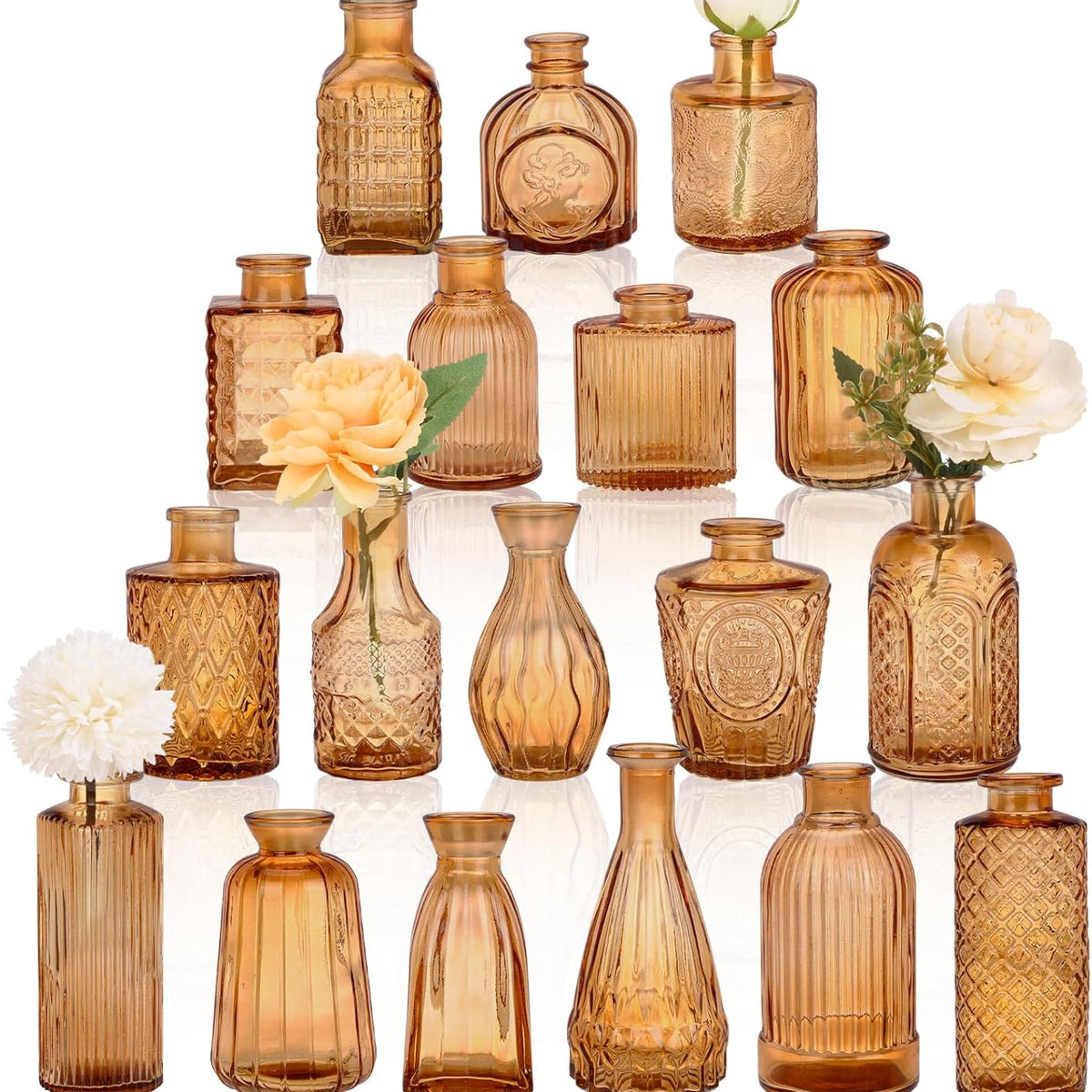 18pcs Amber Glass Bud Vase Set, Gold Small Flower Vases for Centerpieces in Bulk, Mini Vintage Vase for Home, Wedding, Table Decor