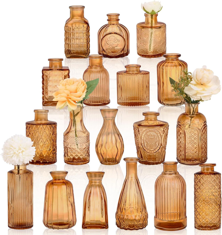 18pcs Amber Glass Bud Vase Set, Gold Small Flower Vases for Centerpieces in Bulk, Mini Vintage Vase for Home, Wedding, Table Decor