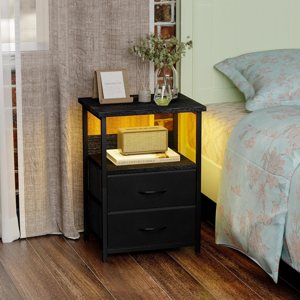 Nightstand Set of 2 Night Stand with Charging Station, LED Nightstand with Fabric Drawers, End Table with PU Finish, Bed Side Table, Black