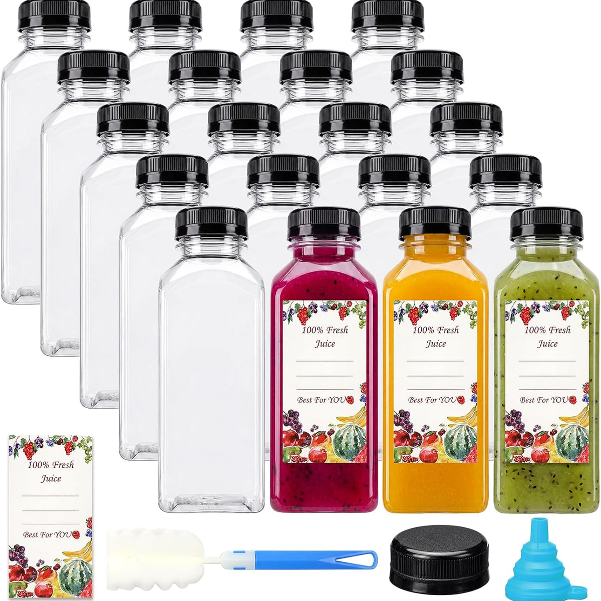 20pcs 12oz Plastic Juice Bottles with Caps, Reusable Juicing Bottles, Clear Drink Containers with Lids for Juicing, Smoothie and Other Beverages