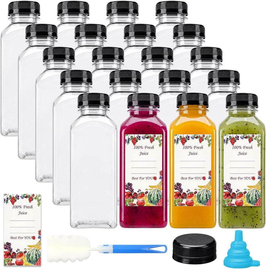 20pcs 12oz Plastic Juice Bottles with Caps, Reusable Juicing Bottles, Clear Drink Containers with Lids for Juicing, Smoothie and Other Beverages