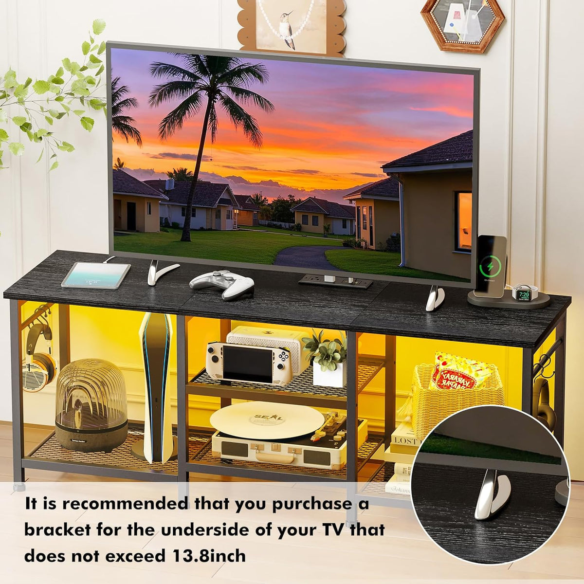 Black Entertainment Stand for Up to 50 Inch TVs, Tv Stand with Outlet Led Lights Open Storage Shelves, TV Consoles for Living Room, Bedroom