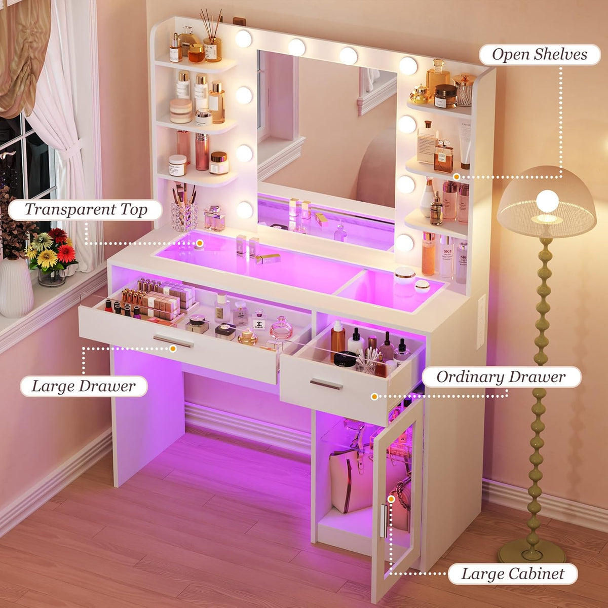Vanity Desk with Mirror and Lights, Makeup Vanity Desk with Lights 3 Colors, Transparent Top Vanity with 2 RGB Drawers, 6 Shelves, Large Tempered Cabinet, Power Outlet, for Bedroom, White