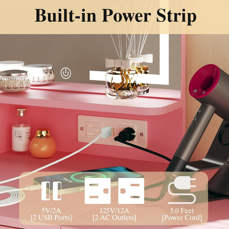 Vanity Desk with Mirror and Lights, Small Vanity with Fabric Storage Drawer & Chair & Shelves, Makeup Vanity with Fold-up Panel and Power Outlet for Bedroom