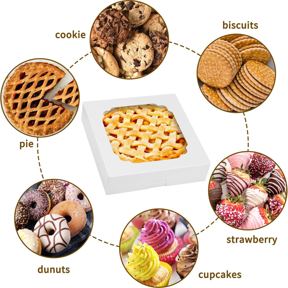 Moretoes Pie Boxes, 45pcs 10x10x2.5 Inches Bakery Boxes, Auto-Popup Cookie Container with Window for Pie, Strawberries, Cookie Cake, Treats