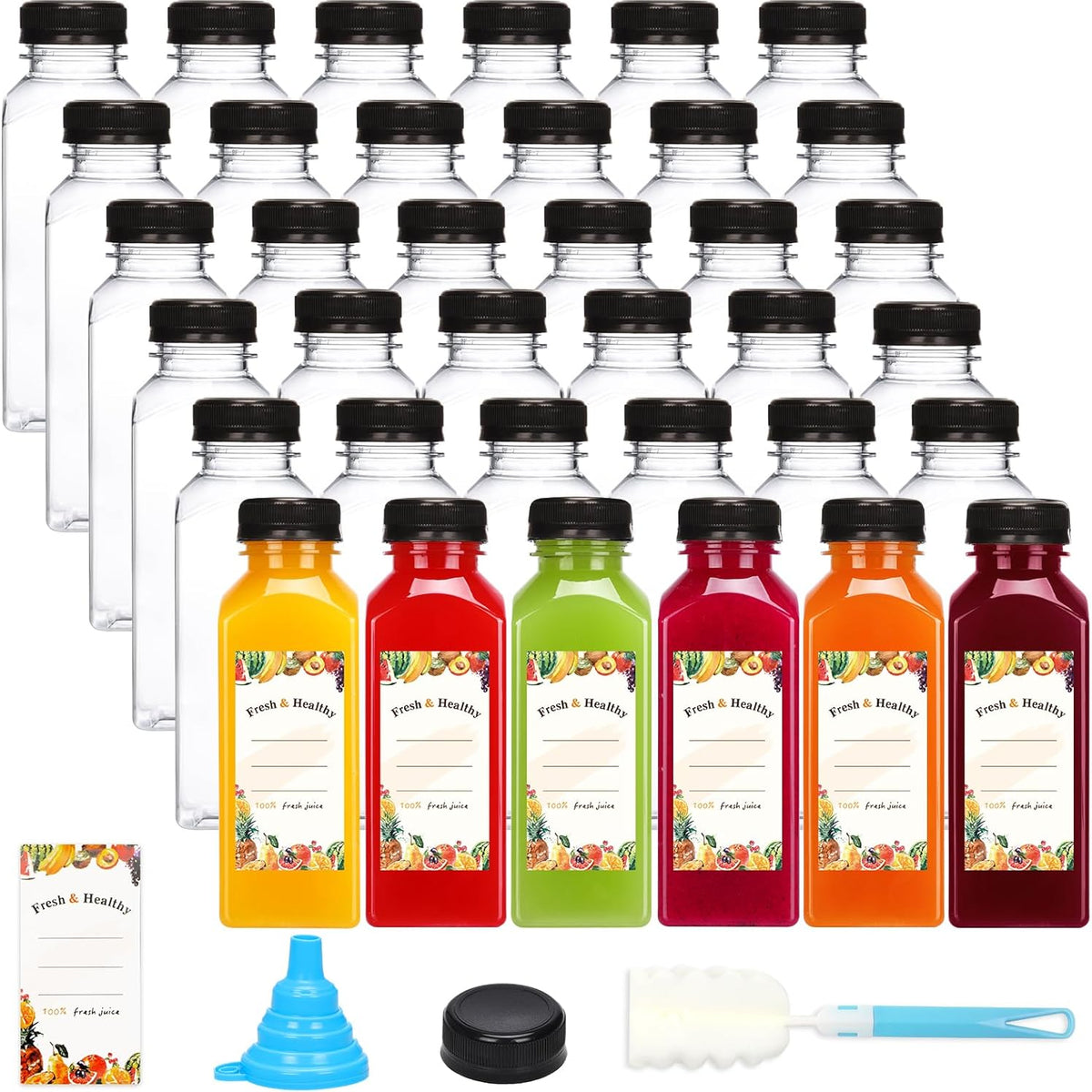 Moretoes 36pcs 12oz Juice Bottles, Plastic Bottles with Lids, Reusable Clear Containers with Caps for Juices, Milk, Smoothie and Other Beverages