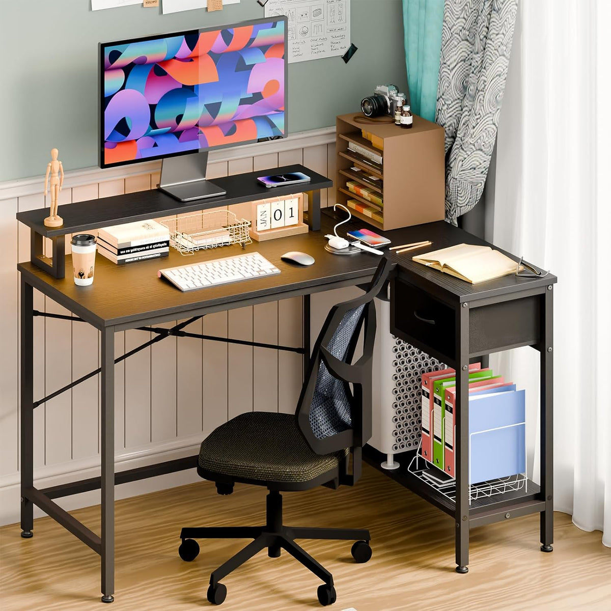 Fixwal Gaming Desk for Bedroom L Shaped Small Corner Computer Desk with Power Outlets and LED Lights, PC Desk, Home Office Desks with Drawer, Writing Desk Study Desk, Black
