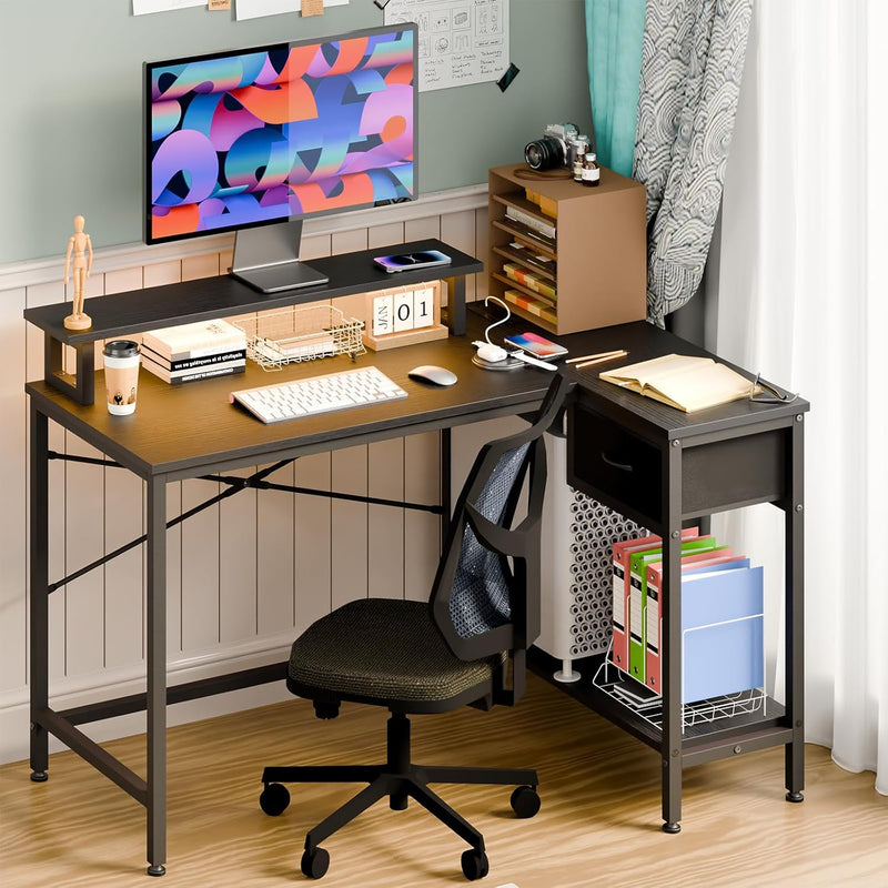 Fixwal Gaming Desk for Bedroom L Shaped Small Corner Computer Desk with Power Outlets and LED Lights, PC Desk, Home Office Desks with Drawer, Writing Desk Study Desk, Black