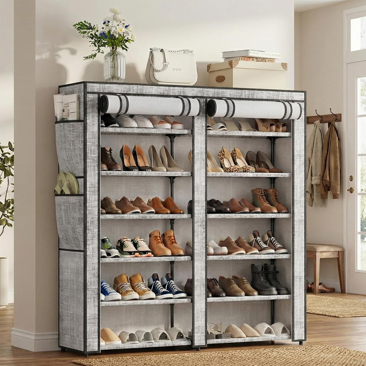 Shoe Rack with Cover, Shoe Rack with 4 Side Pockets, 6 Tier Shoe Organizer Holds 30-40 Pairs Shoes and Boots, Shoe Storage for Closet, Entryway and Hallway, Storage Cabinet for Home, Gray