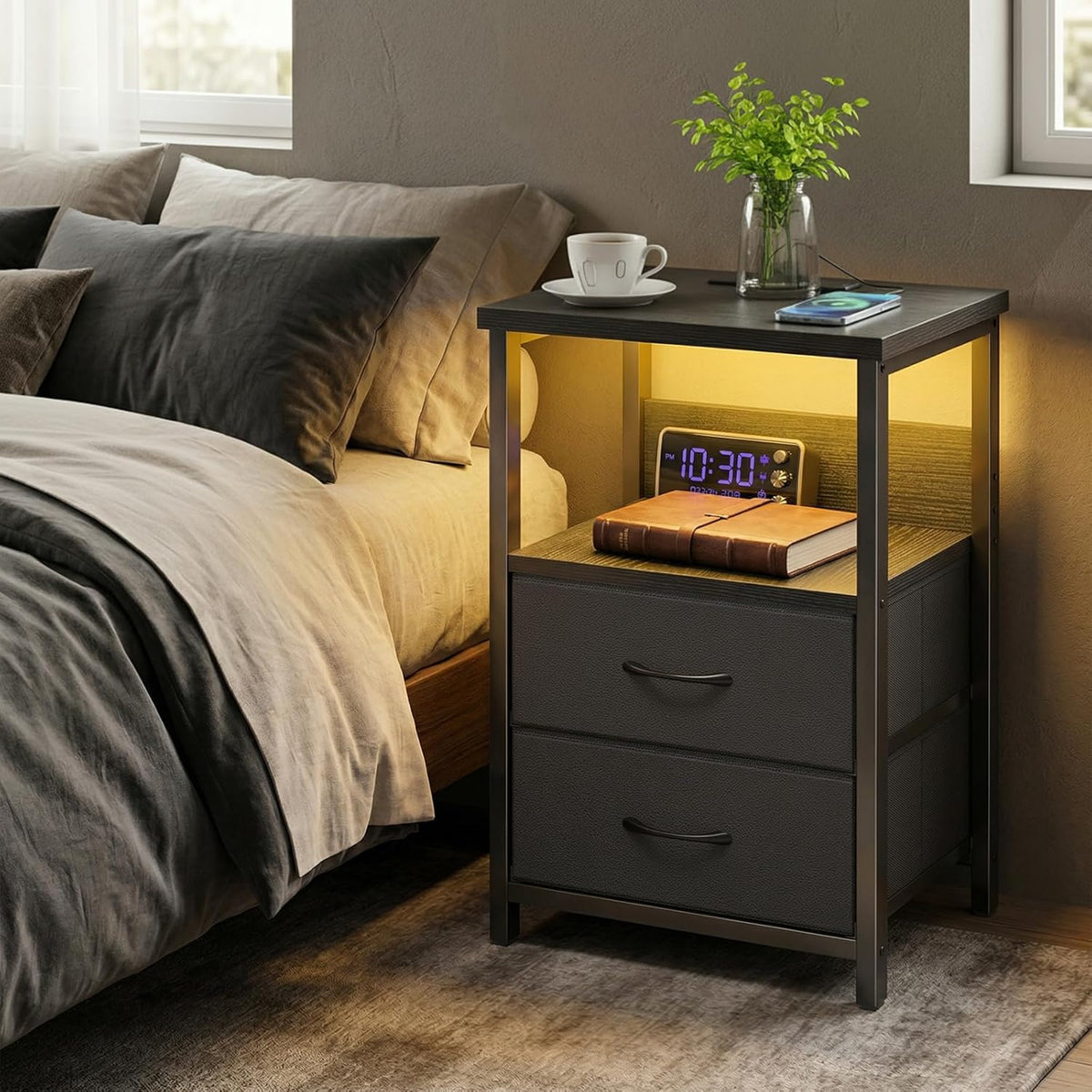 Fixwal Night Stand with Charging Station, LED Nightstand Small Dorm Room Furniture, 2 Fabric Storage Drawers, Bedside Table End Tables Bedroom Decor, Modern Black