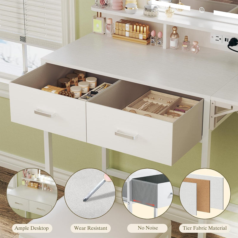 Small Vanity Desk with Mirror and Lights, Makeup Vanity with Fabric Storage Drawer & Chair & Shelves, White Vanity with Fold-up Panel and Power Outlet, Bedroom