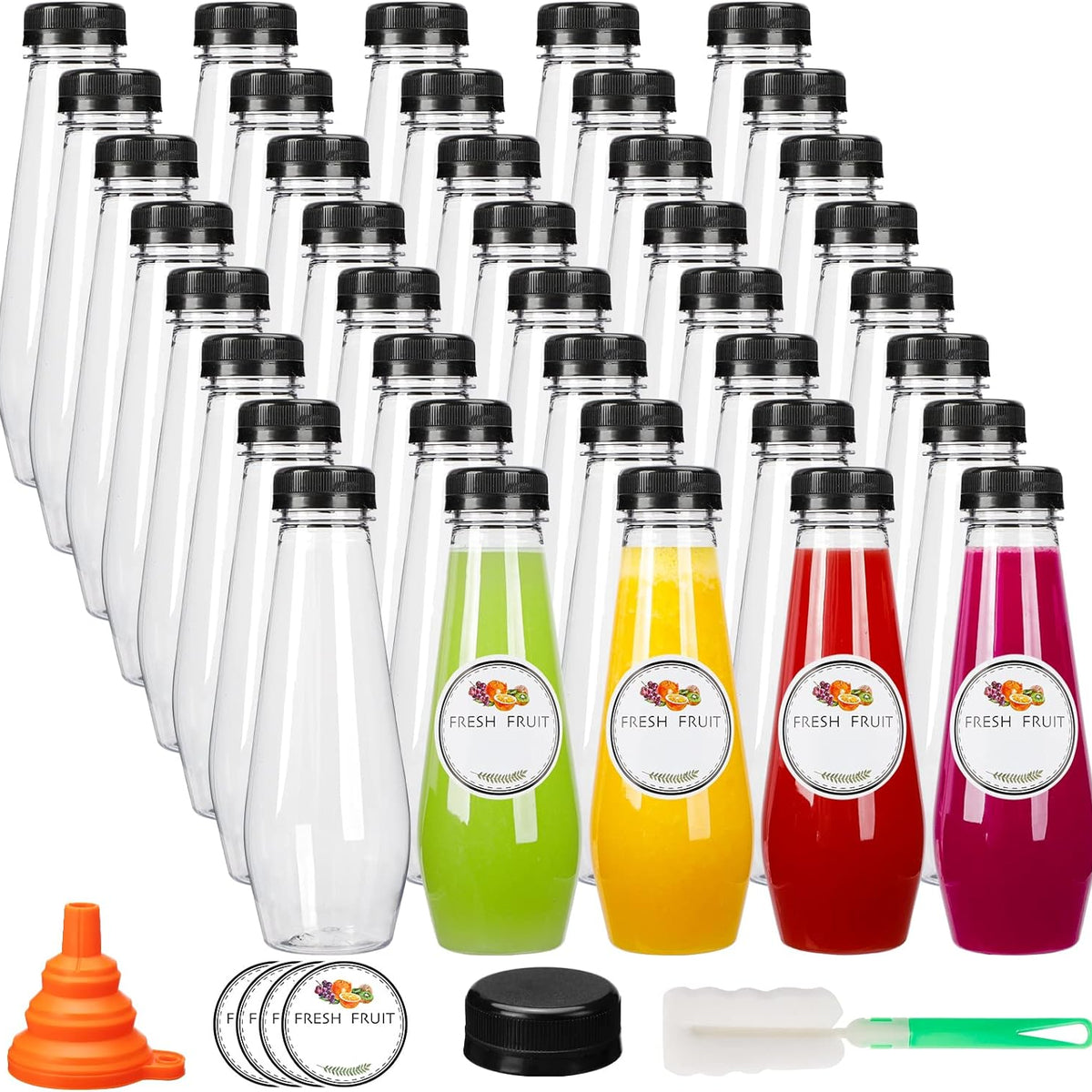 Moretoes 40pcs 12oz Juice Bottles, Empty Plastic Juicing Bottles with Caps, Cone Reusable Clear Bulk Beverage Containers for Juicing, Drinking, Milkshake, Tea and Other Beverages
