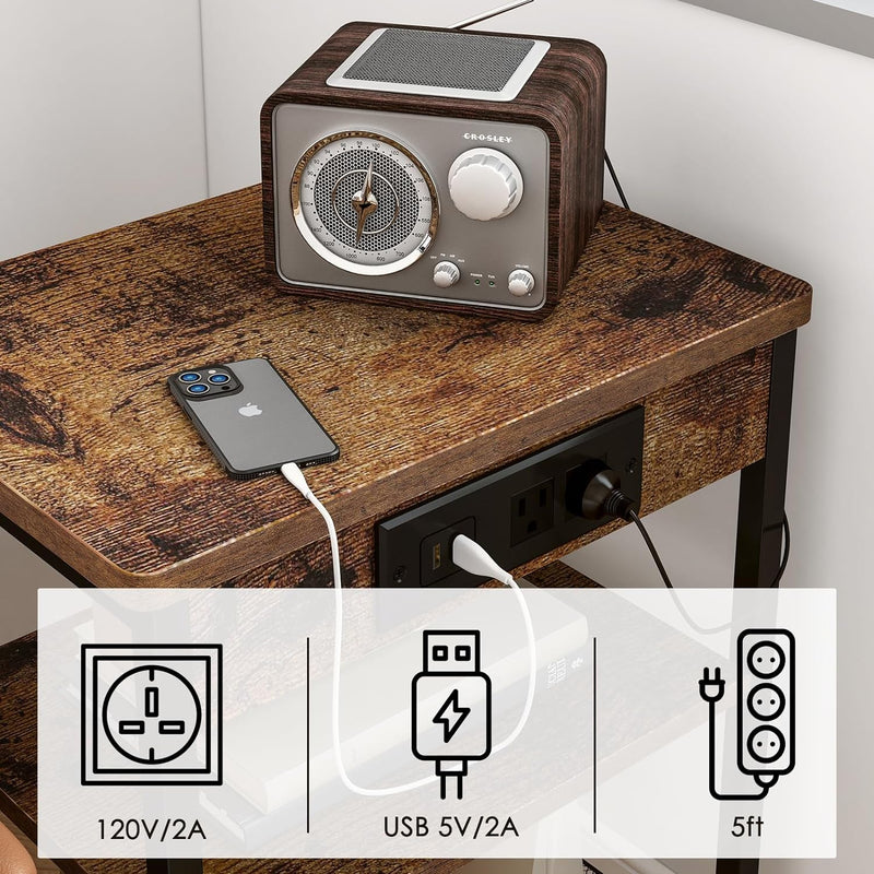 Fixwal Side Table, Night Stand with Charging Station, 3-Tier End Table with Storage Shelf, Side Table for Living Room, Bedroom, Rustic Brown and Black