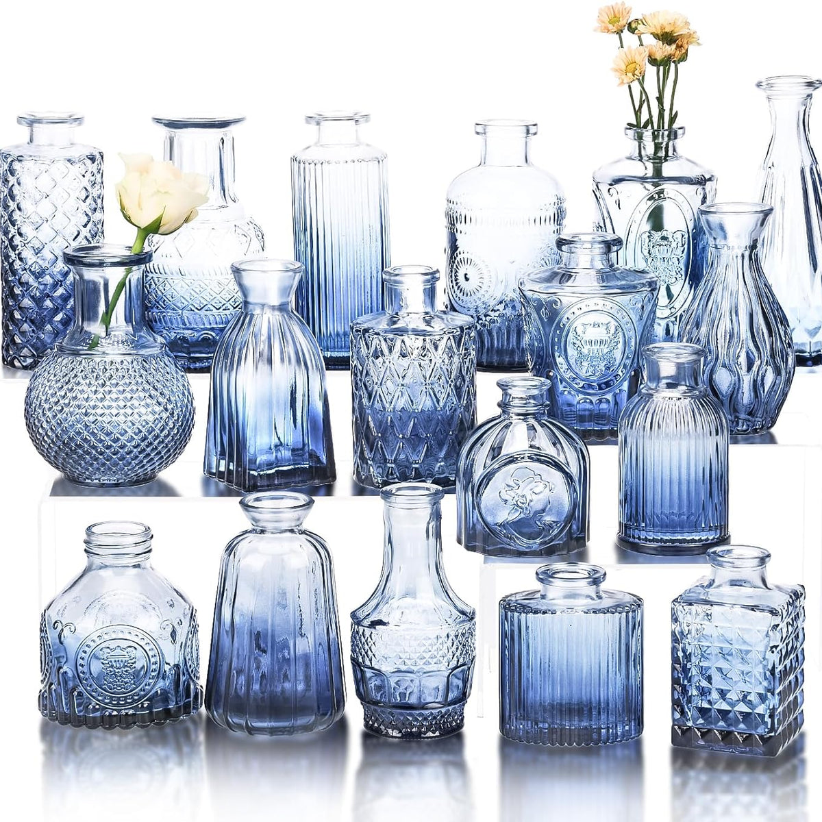 Fixwal Set of 18 Blue Bud Vases for Flowers, Vintage Clear Glass Vases Small Vases for Centerpieces for Home Table Decor Rustic Wedding Decorations