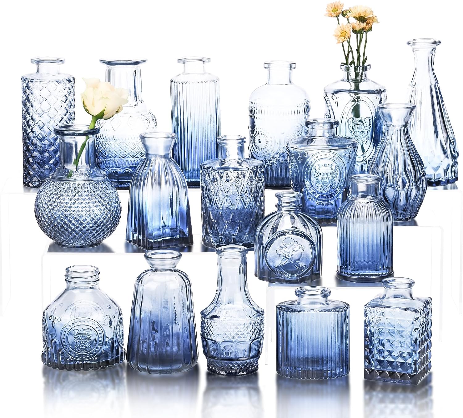 Fixwal Set of 18 Blue Bud Vases for Flowers, Vintage Clear Glass Vases Small Vases for Centerpieces for Home Table Decor Rustic Wedding Decorations