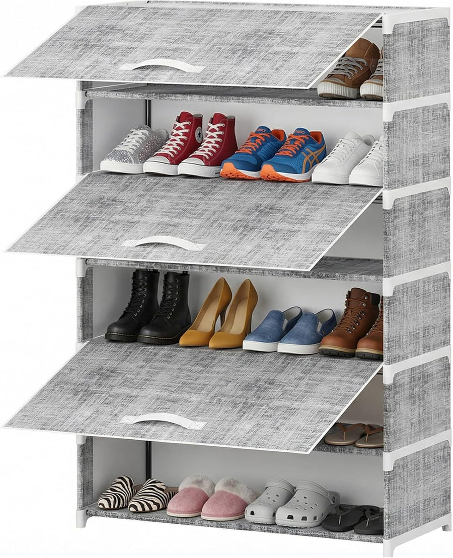 Shoe Storage Cabinet with Dustproof Flip Doors, 7 Tier Large Shoe Rack Organizer, Free Standing Shoe Shelf for Entryway, Closet, Hallway, Space Saving Sneaker Boots Storage, Modern Grey