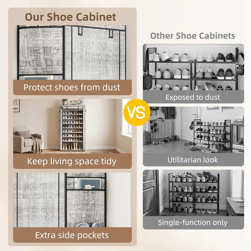 Shoe Rack with Cover, Large Capacity Shoe Organizer Storage 45 Pairs, 10 Tier Tall Shoe Shelf with 6 Side Pockets, Space Saving Shoe Storage for Closet, Entryway Hallway, Gray