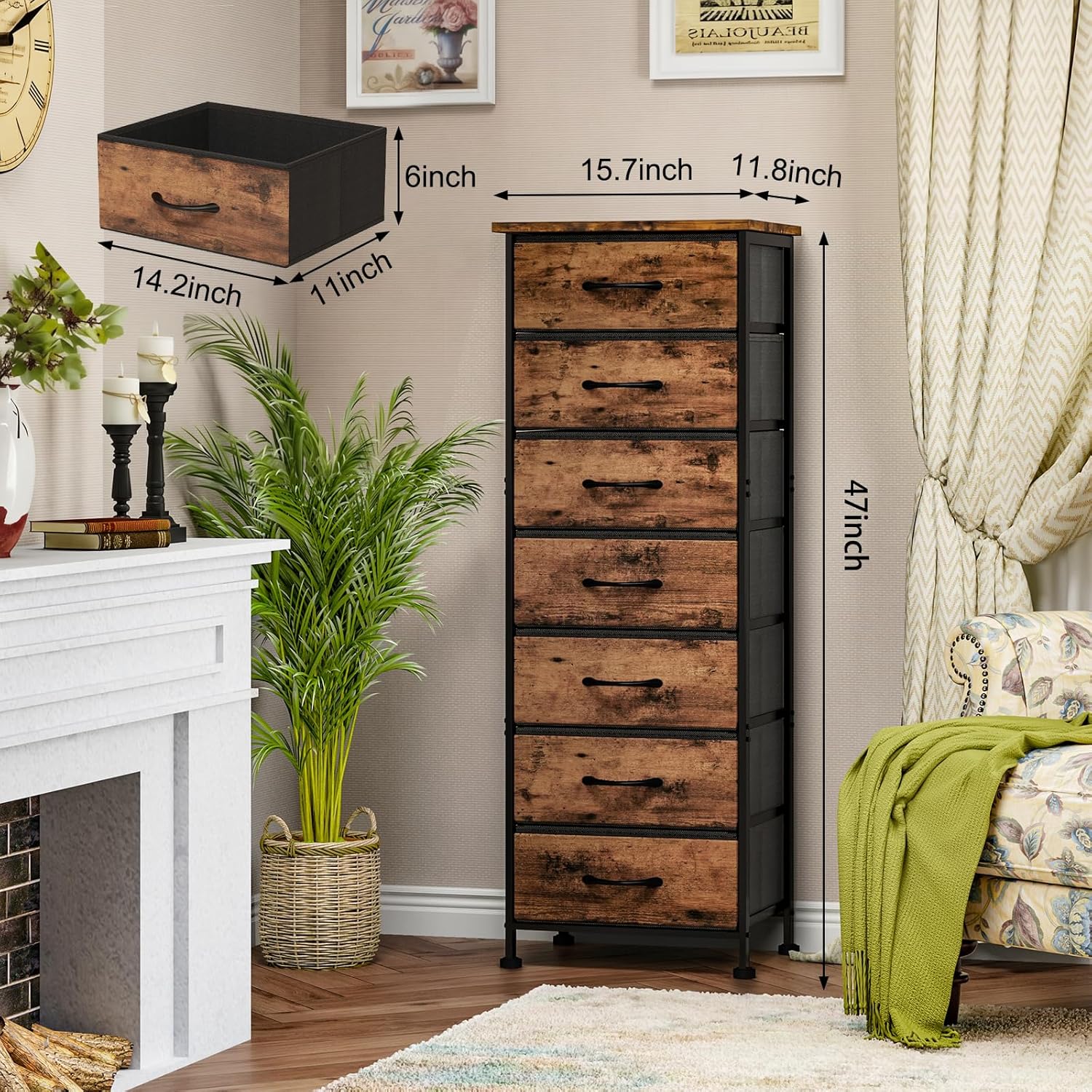 Fixwal Tall Dresser for Bedroom, Storage Dresser Organizer with 7 Fabric Drawers, Nightstand Furniture in Closet, Entryway, Hallway, Rustic Brown Wood Grain Print