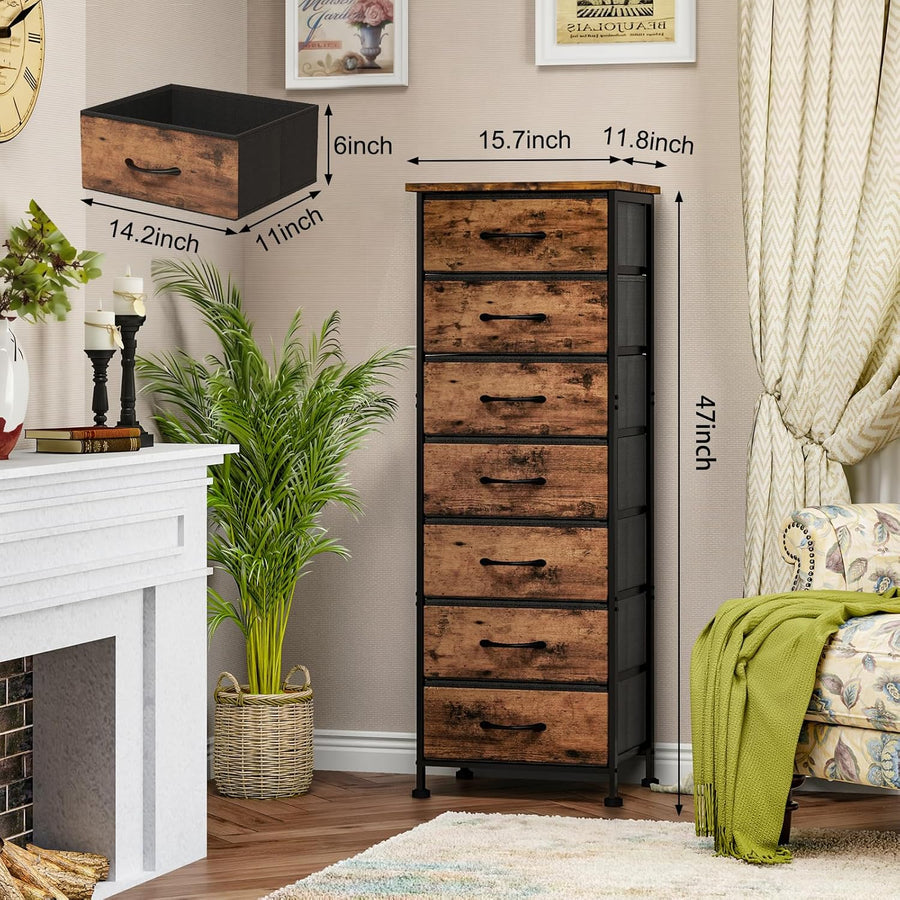 Tall Dresser for Bedroom, Storage Dresser Organizer with 7 Fabric Drawers, Nightstand Furniture in Closet, Entryway, Hallway, Rustic Brown Wood Grain Print
